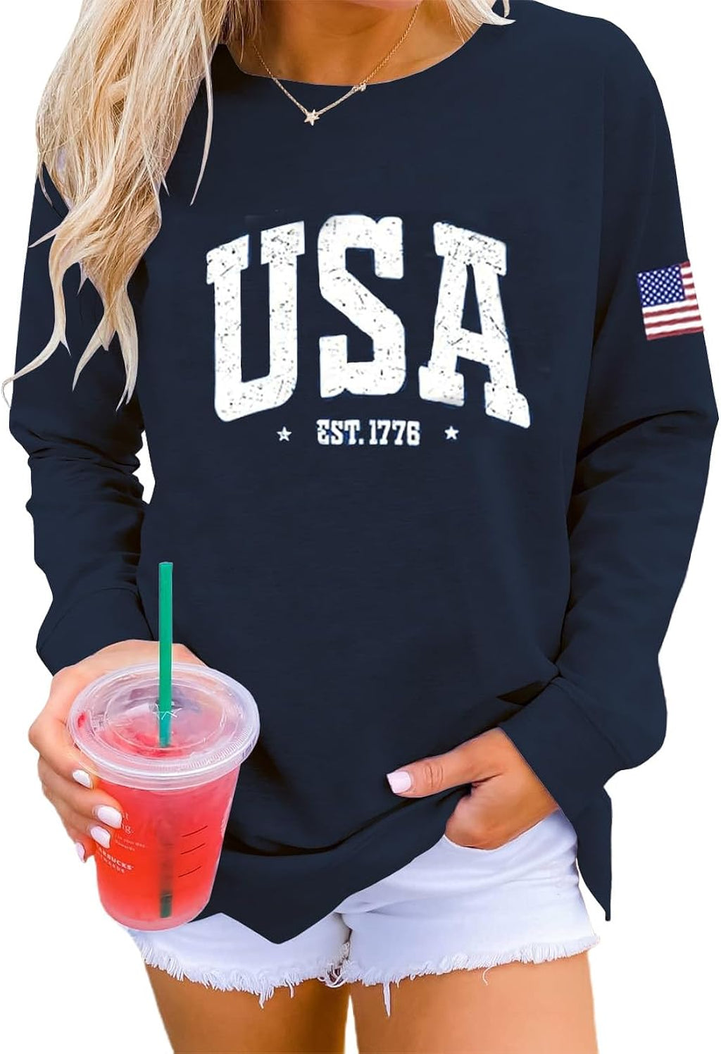 Womens USA Shirt Casual Long Sleeve Graphic Tees Knit Crew Neck Sweatshirts Loose Pullover