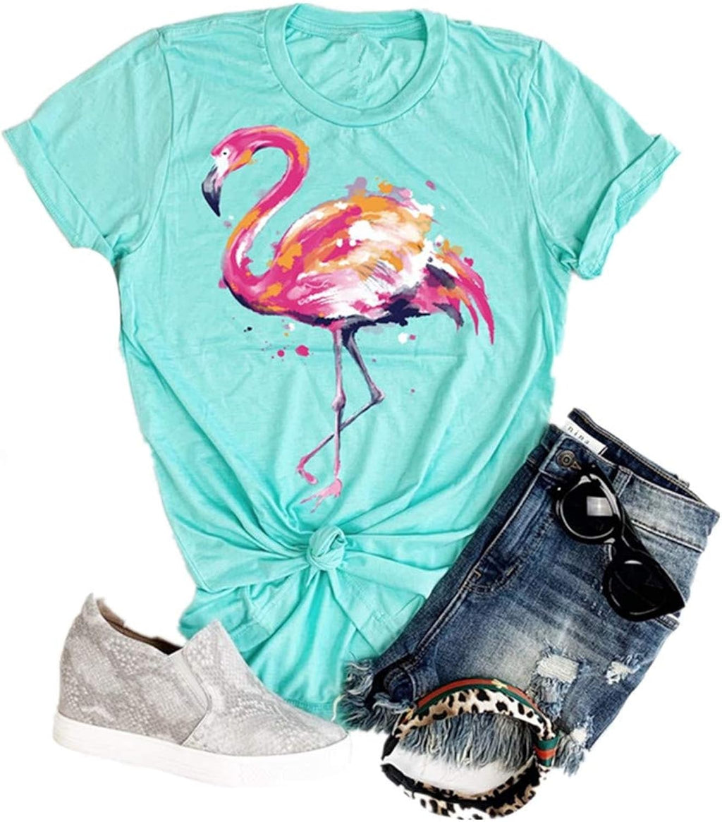 Women's Short Sleeve Round Neck Loose Cute Animal Flamingo Print Tee T-Shirt Top(Green-XL)