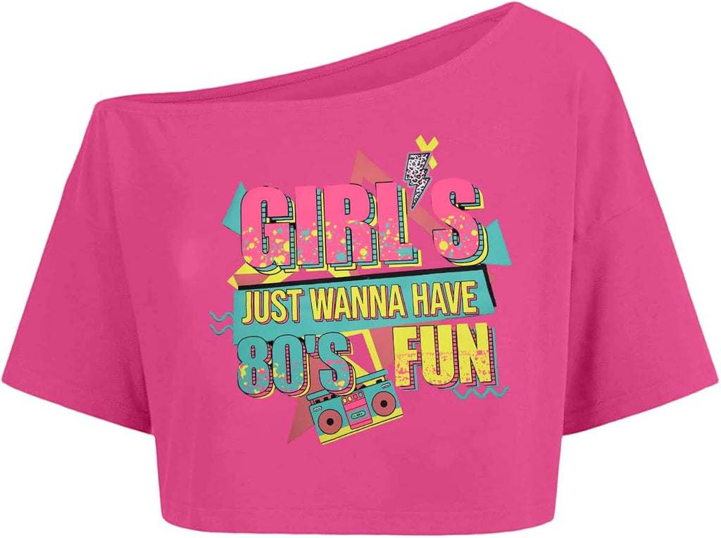 80s Shirt for Women Neon Off The Shoulder Crop Tops Girl's Just Wanna Have 80's Fun Graphic Tee