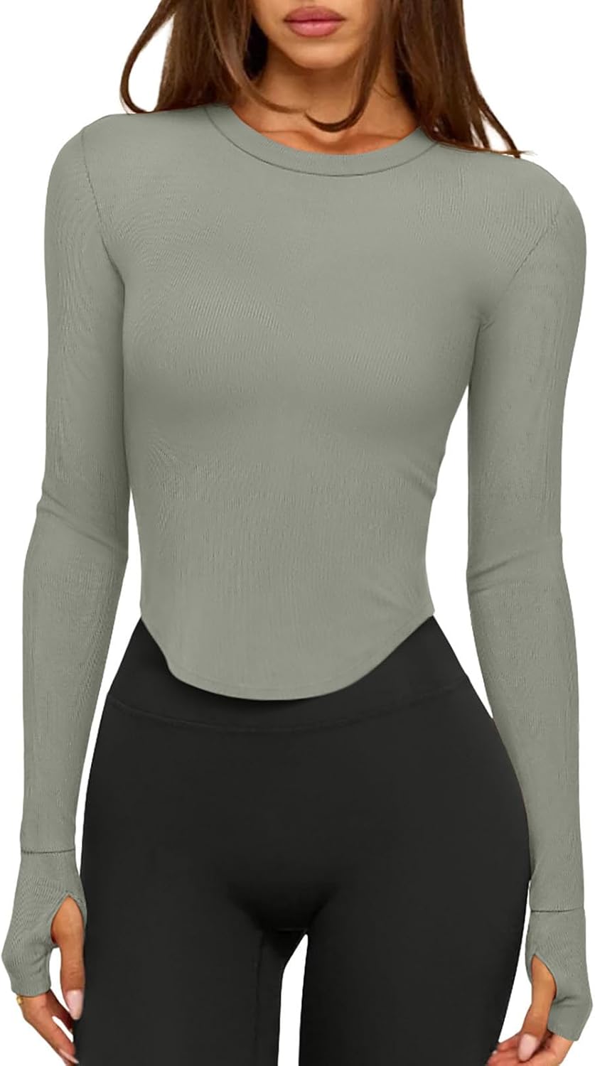 Womens Long Sleeve Workout Tops Crop Tops Crew Neck Ribbed Slim Fitted Breathable Running Yoga Going Out T-Shirts