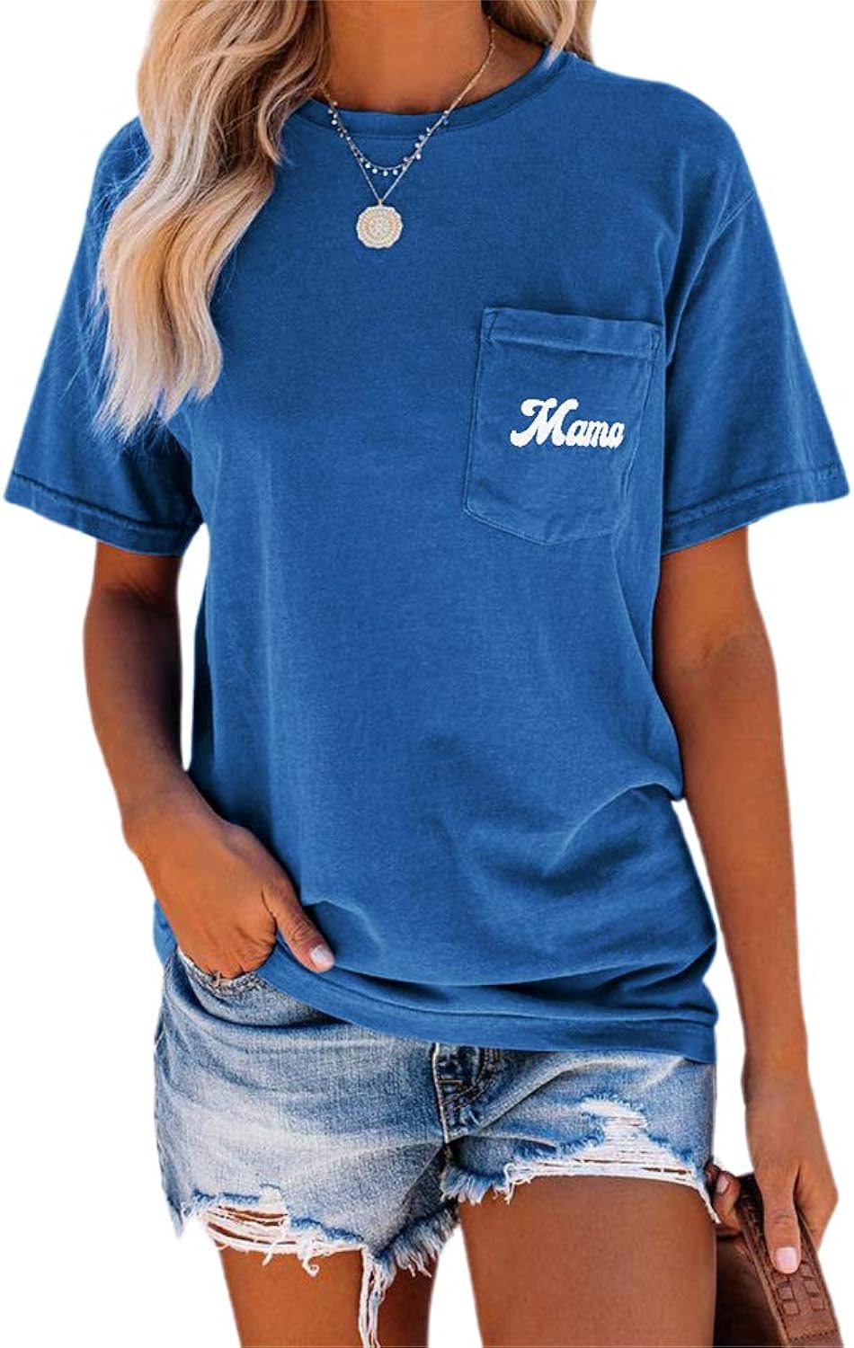 Women's Letter Print Basic Crew Neck Tee Summer Short Sleeve T-Shirt with Pockets Loose Fitting Tops