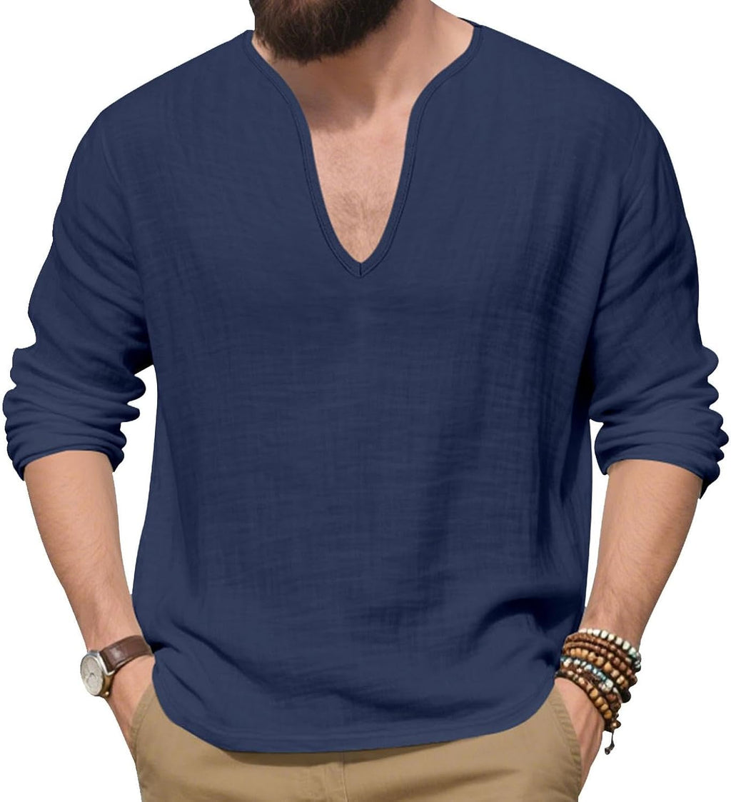 Linen V Neck Shirt for Men Long Sleeve Solid Basic Casual Plus Size Tops for Summer Spring Autumn Lightweight