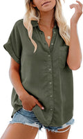 Womens Button Down Casual Shirts Cotton Short Sleeve Blouses Solid Summer Tops with Pocket
