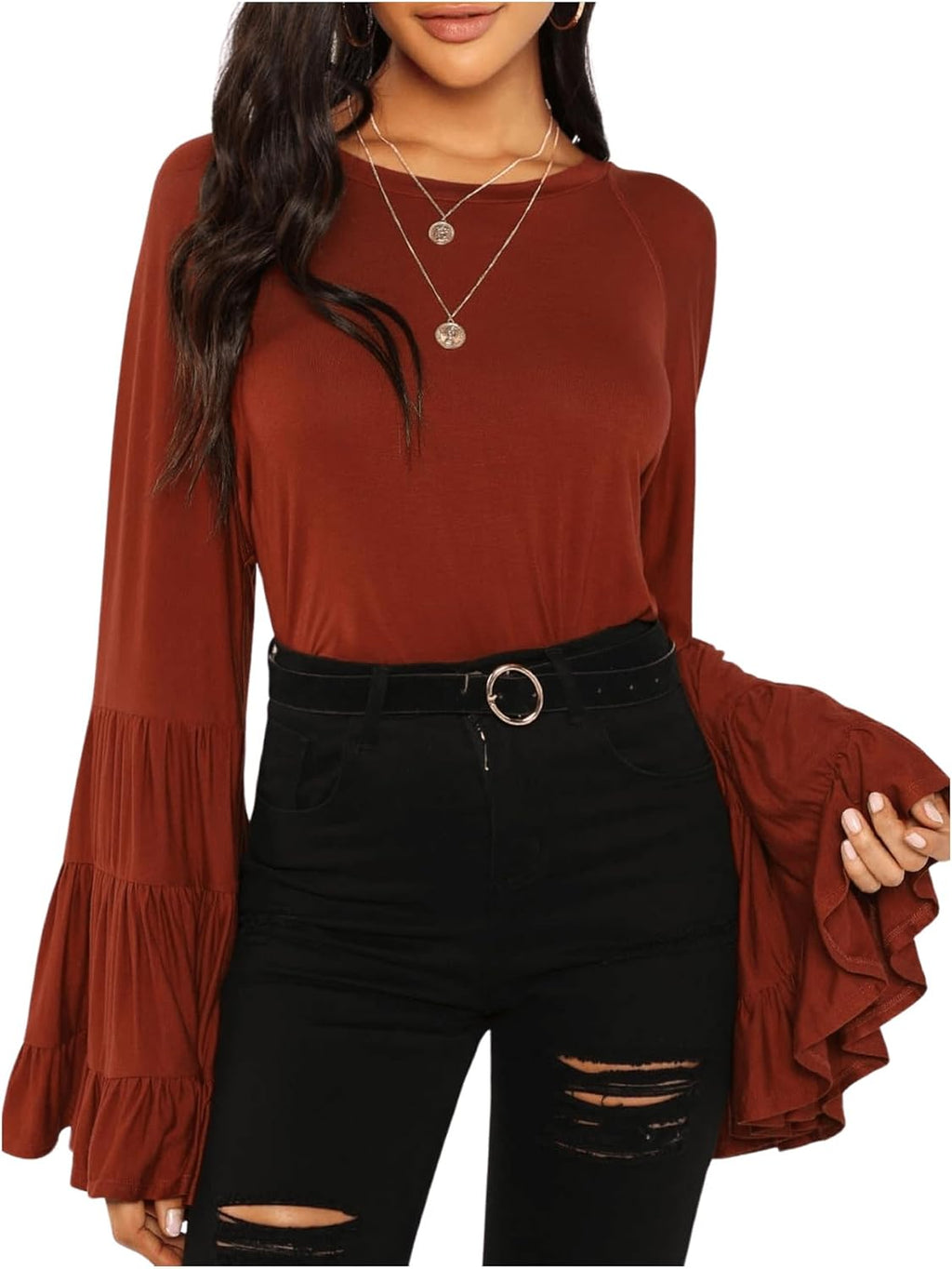 Women's 70s Western Flowy Bell Sleeve Blouse Tops Shirts