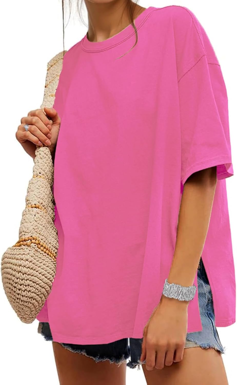 Womens Oversized T Shirts Summer Trendy Short Sleeve Crew Neck Tops Loose Fit Side Slit Tee