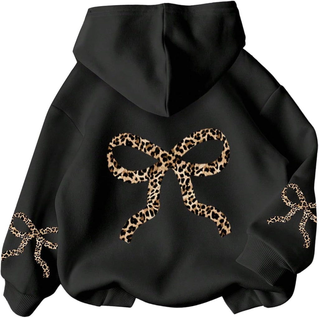 Girl's Bow Cheetah Leopard Hoodies Long Sleeve Pullover Tops Preppy Cute Sweatshirts Hoodies
