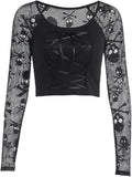 Womens Gothic Crop Tops Skull Mesh Long Sleeve T-Shirt Punk Crewneck Grunge Alt Shirt for Emo Girl