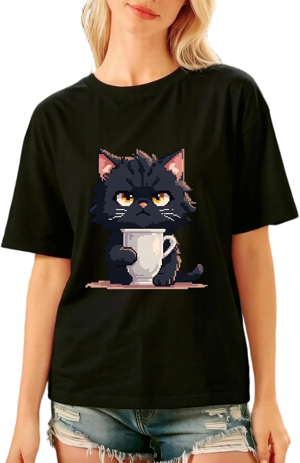 Funny Cat Shirts for Women Cute Pixel Art Cat Graphic Tees Summer Casual Short Sleeve Graphic T Shirt