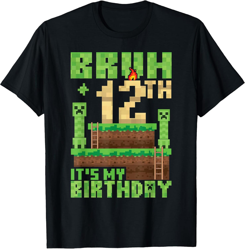 Bruh 12th It's My Birthday 12 Years Old Bday Boy Game Pixel T-Shirt