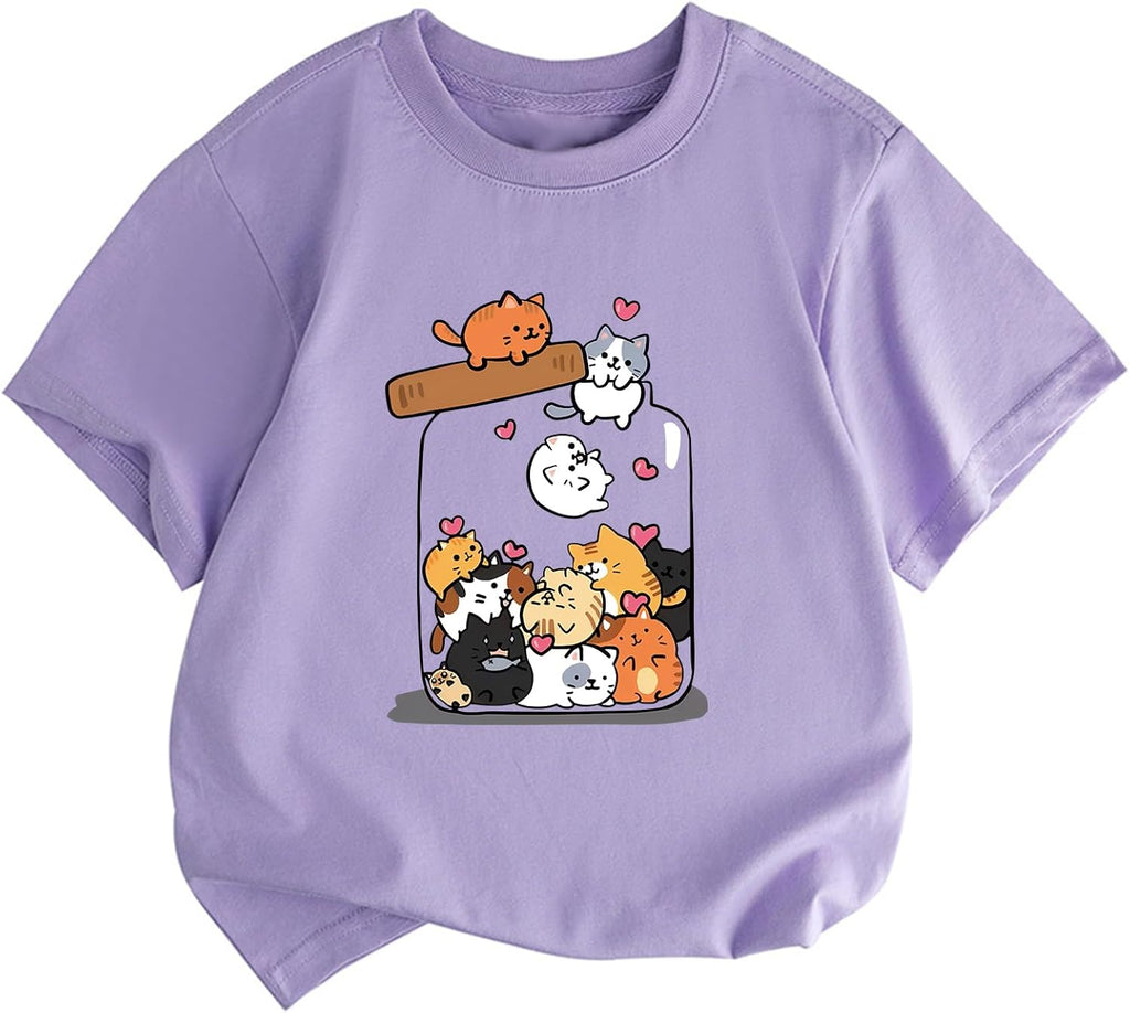 Cute Cat Shirts for Girls Kids Animal Print Graphic Tees Kawaii Cartoon T Shirt Crewneck Summer Short Sleeve Tops