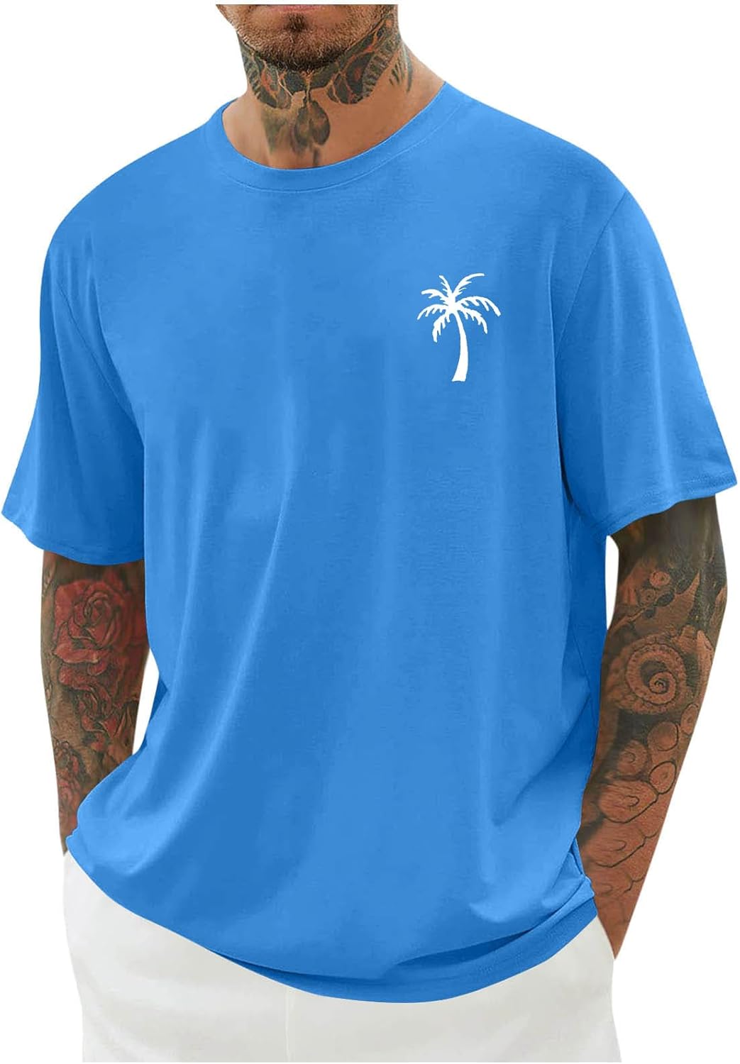 T Shirts for Man Oversized Drop Shoulder Short Sleeve Tshirt Loose Fit Palm Tree Graphic Tops Summer Casual Basic Tees