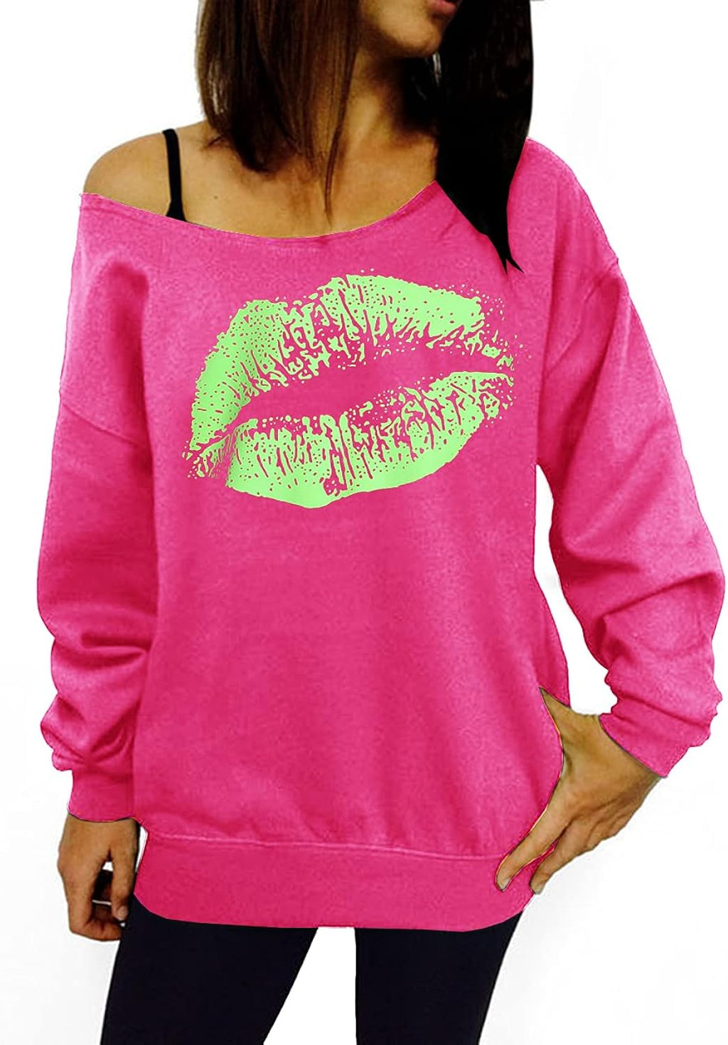 Women's Sexy Off The Shoulder 80s Outfit Sweatshirt Slouchy Printed Long Tunics Top