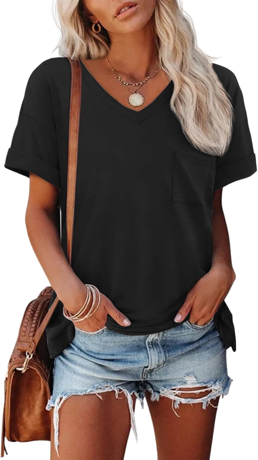 Womens T Shirts 2026 Short Sleeve V-Neck Shirts Cute Fit Summer Casual Tee Tops S-XXL