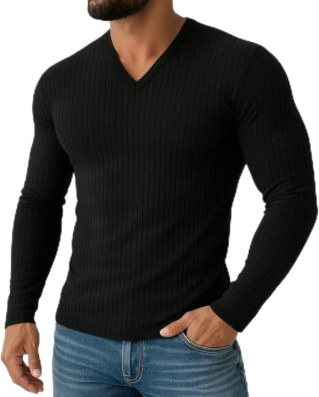 Men's T Shirt Ribbed Knit tee Long Sleeve V Neck Spring Fall Winter Plain Pit Strip Fashion Designer Basic Shirts