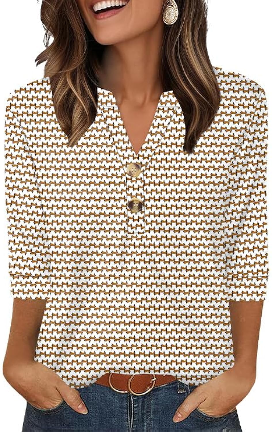 Womens Tops 3/4 Sleeve Henley Shirts for Women Summer Outfits Fashion Clothing