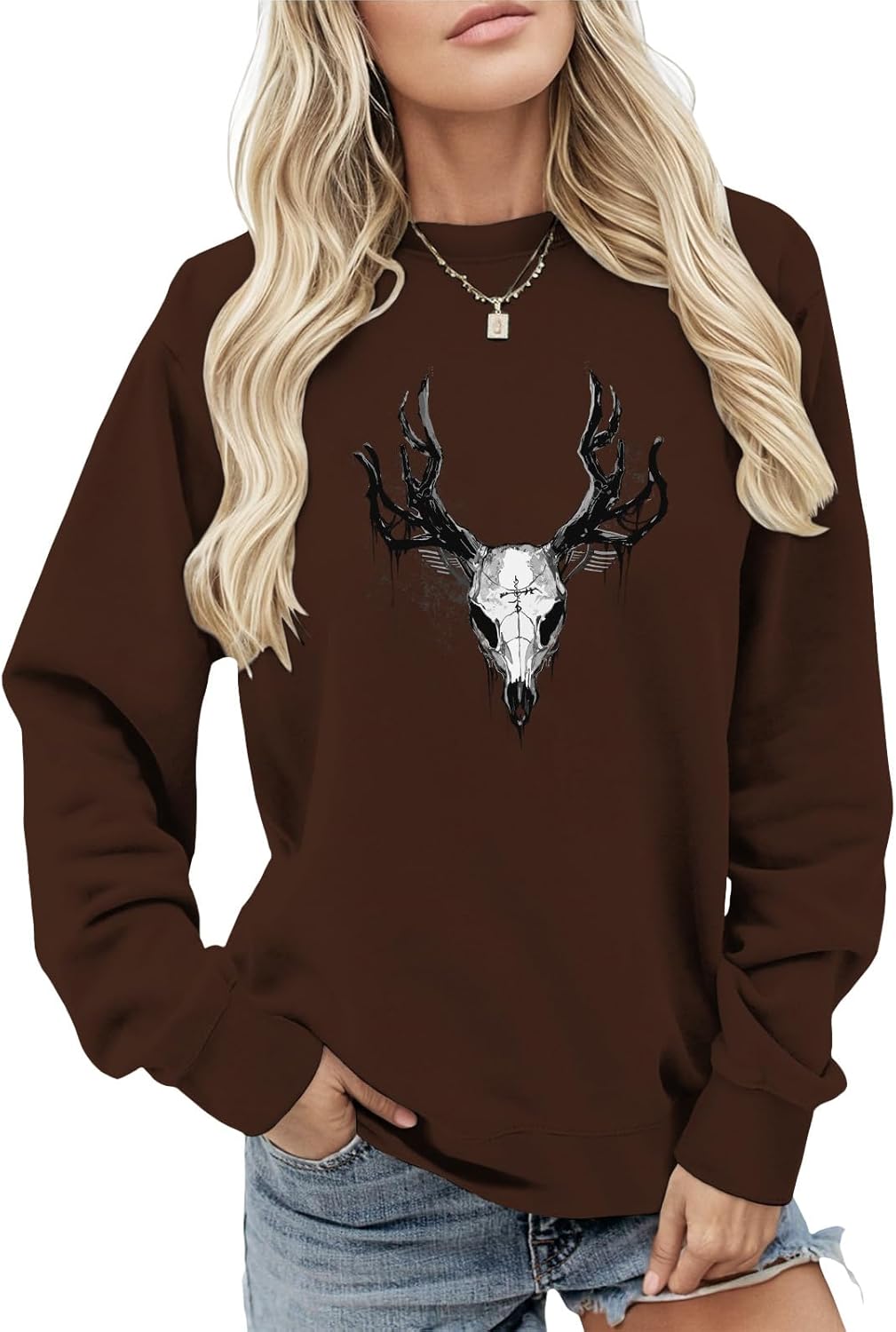 Women's Solid-Color Long-Sleeve Brown Pullover Sweatshirt with Anime-Inspired Cartoon Print and Front Pocket