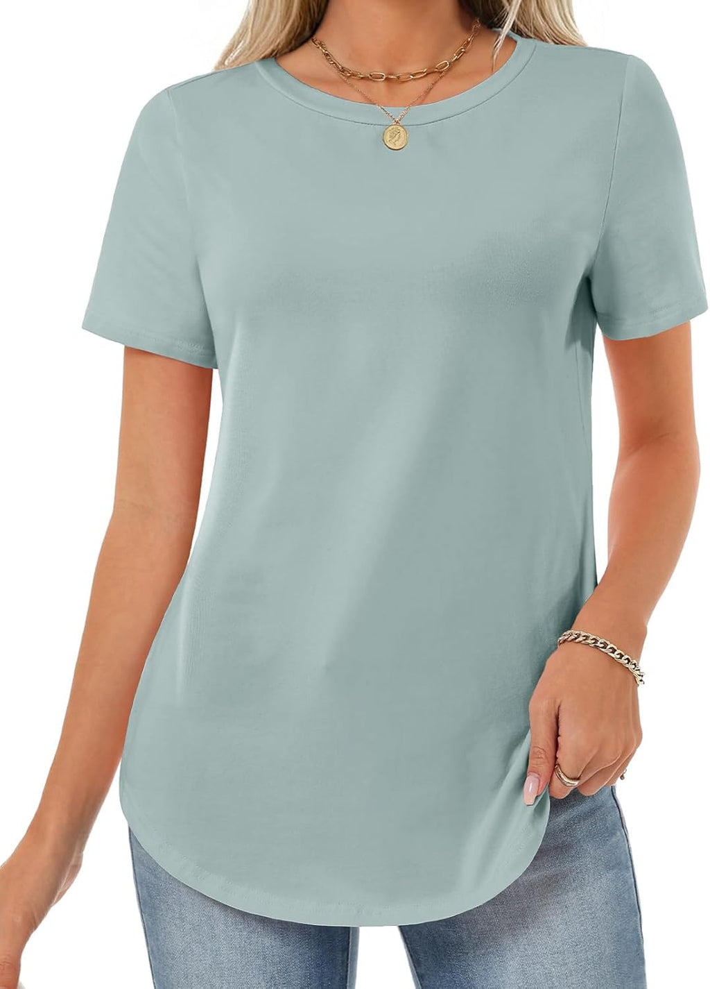 Womens Tops Cotton Short Sleeve Shirts Summer Crew Neck Basic Tees Casual Tunic Tops Curved Hem