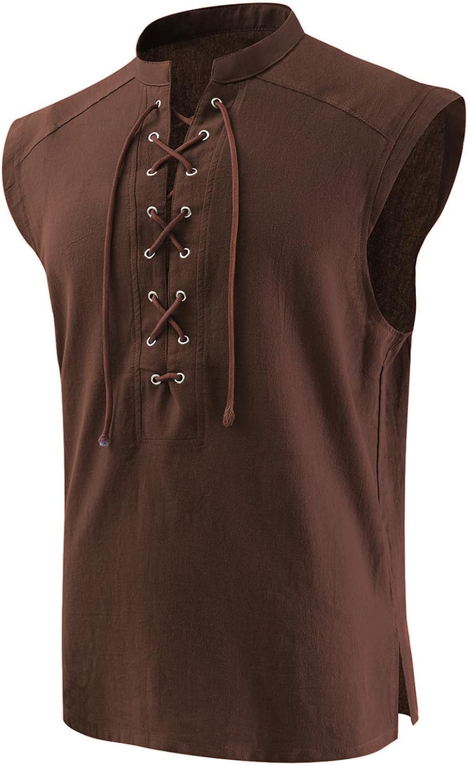 Mens Medieval Pirate Lace-up Sleeveless Shirt, Renaissance Viking Stand Collar Top, Steampunk Gothic Costume Tunic