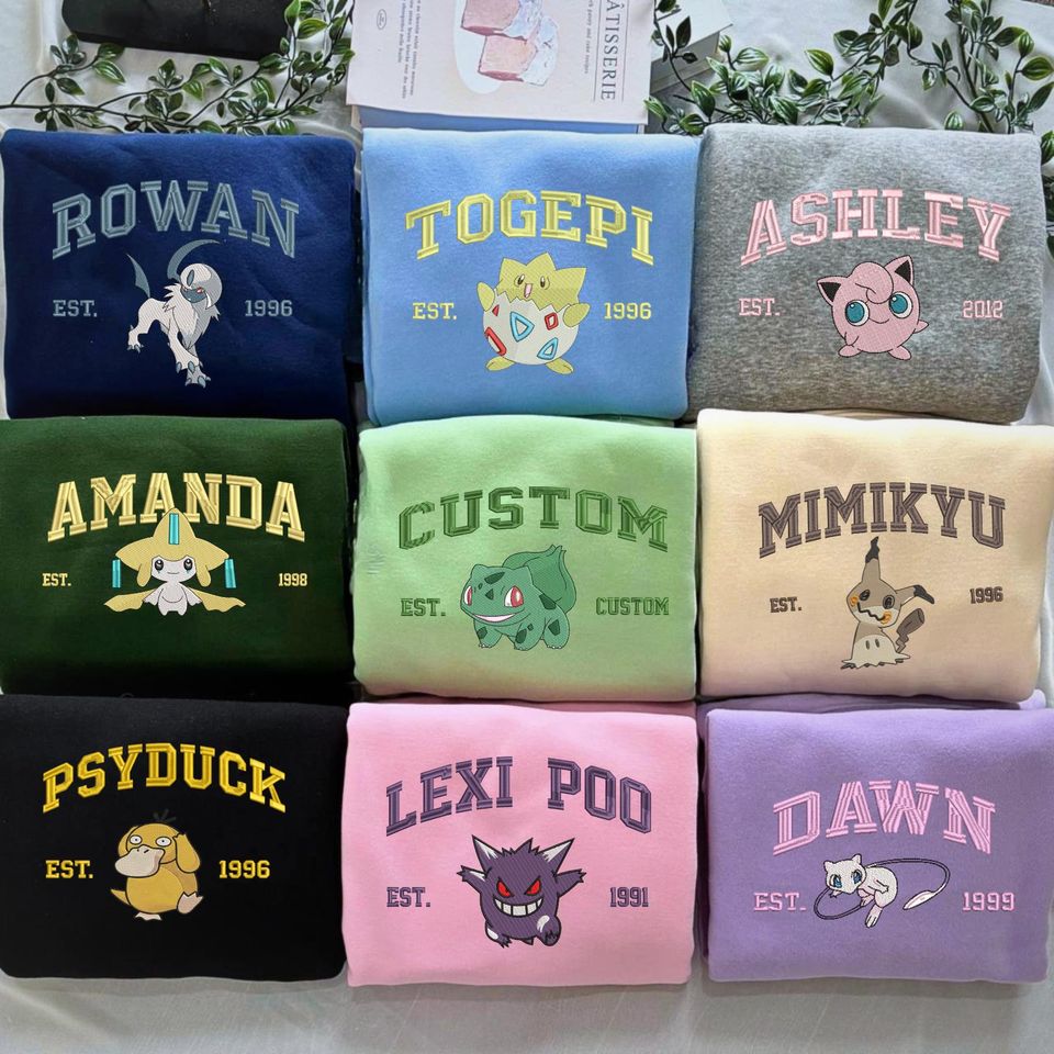 Custom PKM Anime Embroidered Sweatshirt with Name and Year Pocket Beast Organic Cotton Sweatshirt for Anime Fans