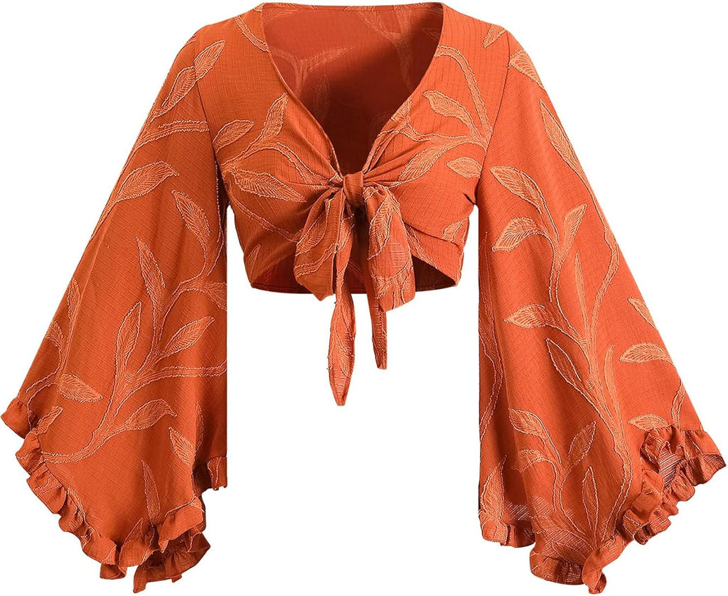 70s Boho Tops for Women Hippie Shirt Floral Flowy Disco Deep V Ruffle Blouse