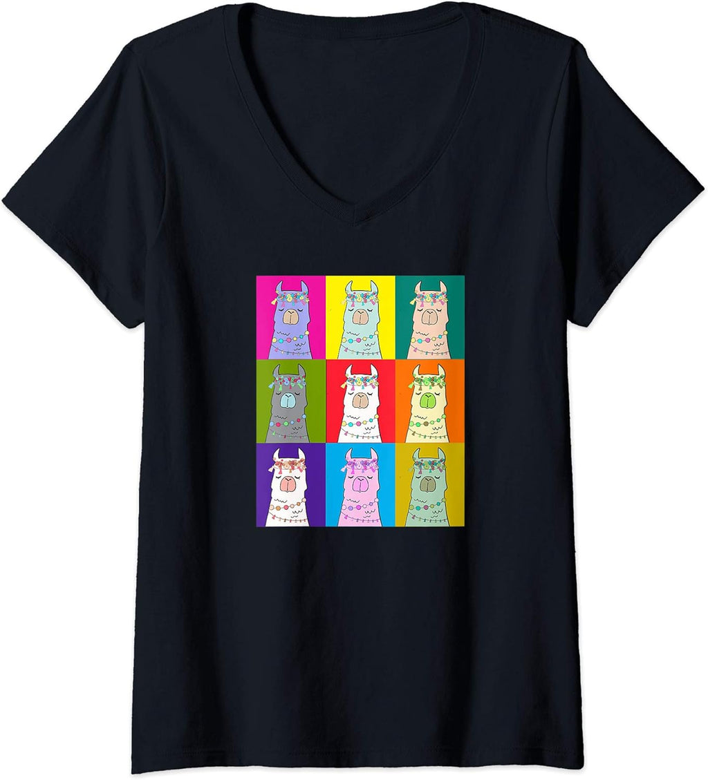 Womens Pop Art LLama American Culture Artists V-Neck T-Shirt