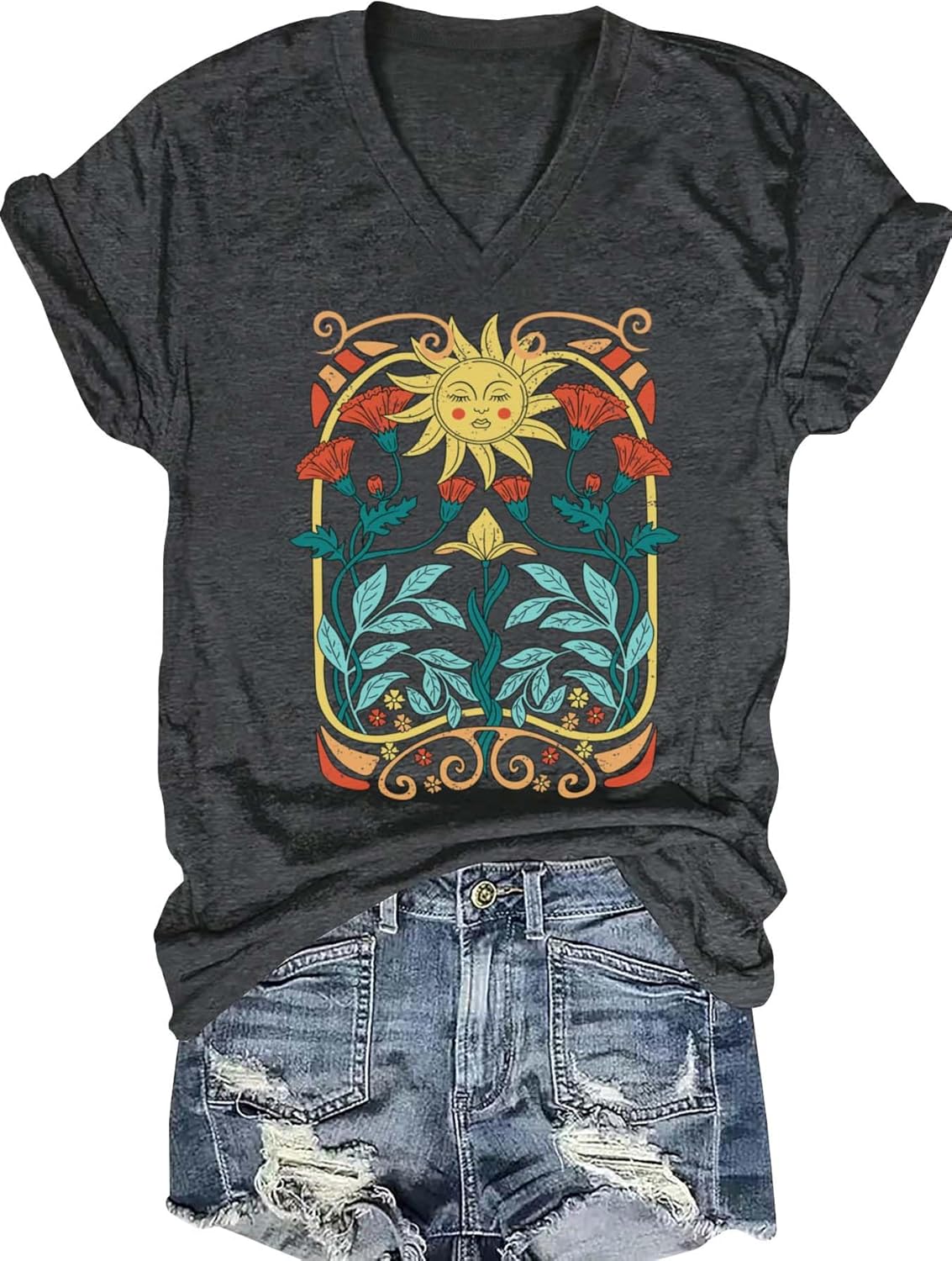 Womens Vintage Flowers V Neck Shirt Boho Floral Wildflowers Graphic Tee Casual Short Sleeve T Shirt