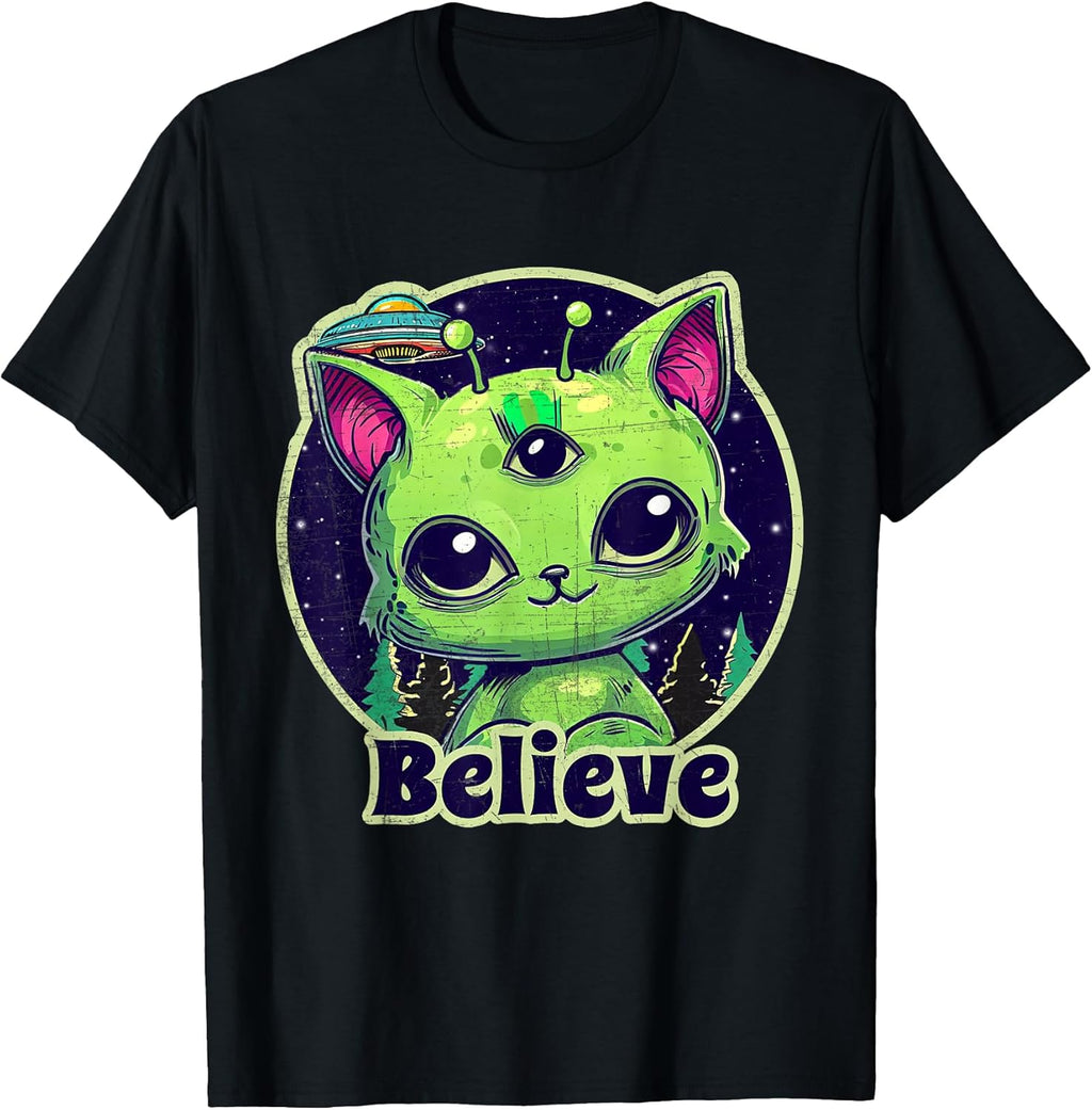 Cute Alien Cat Belive in UFO Kawaii T-Shirt