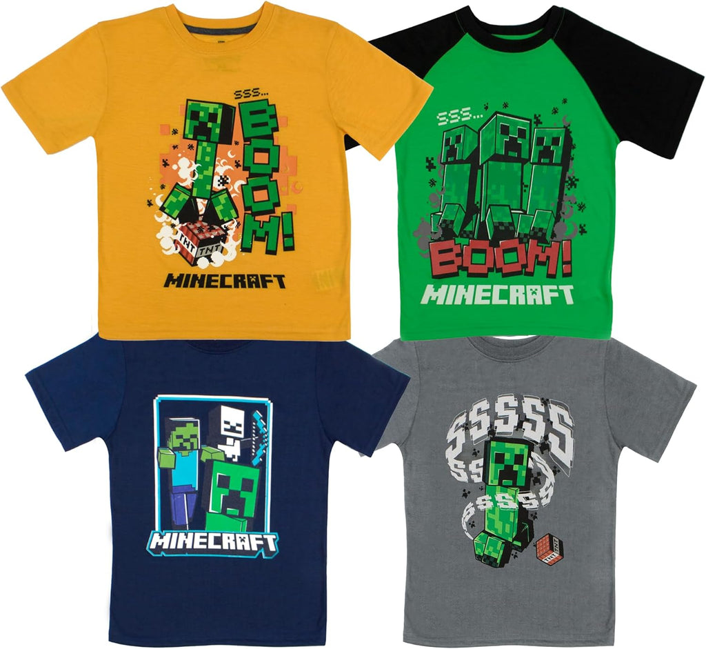 Boy's Short Sleeve T-Shirt 4-Packs - Creeper, Ender Dragon, Skeleton, Zombie Graphic Tee Sets for Kids