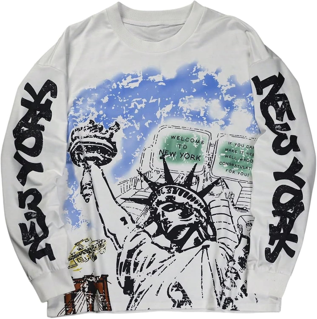 Men's Graphic Crewneck Sweatshirt Loose Fit Long Sleeve Logo Sleeve Graphic T-Shirt Athletic Shirts