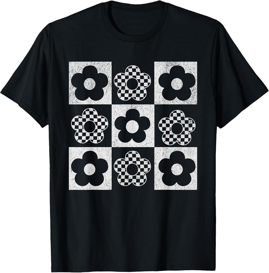 Retro Checkerboard Flower Pop Art T-Shirt