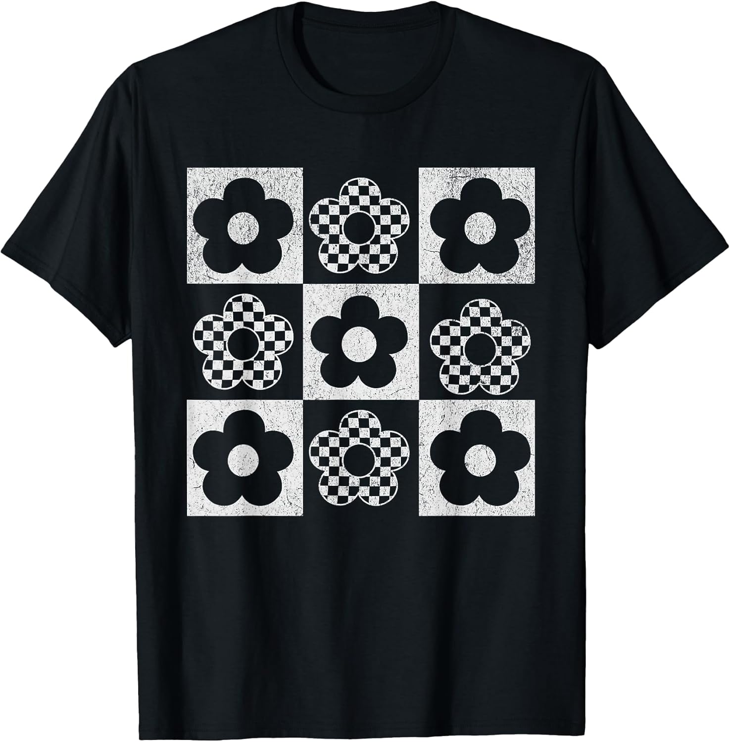Retro Checkerboard Flower Pop Art T-Shirt