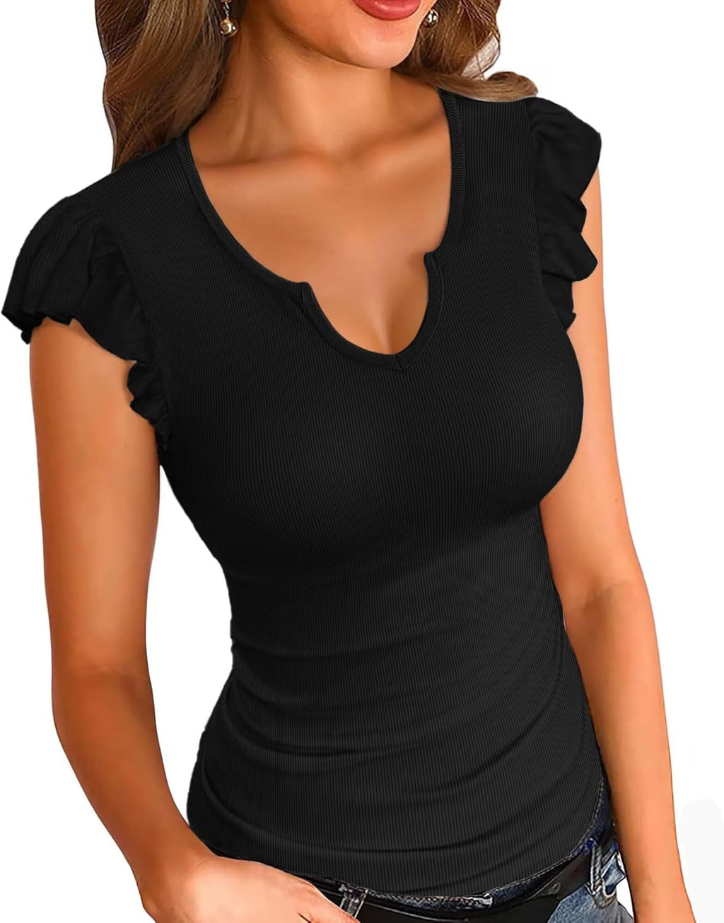 Summer Womens Shirt Short Ruffle Sleeve V Neck/Round Neck Ribbed Casual Tshirt Fitted Tops Blouses