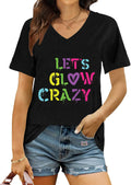 Let's Glow Crazy V-Neck T-Shirt for Women 80s 90s Retro Vintage Party Short-Sleeve Graphic Top