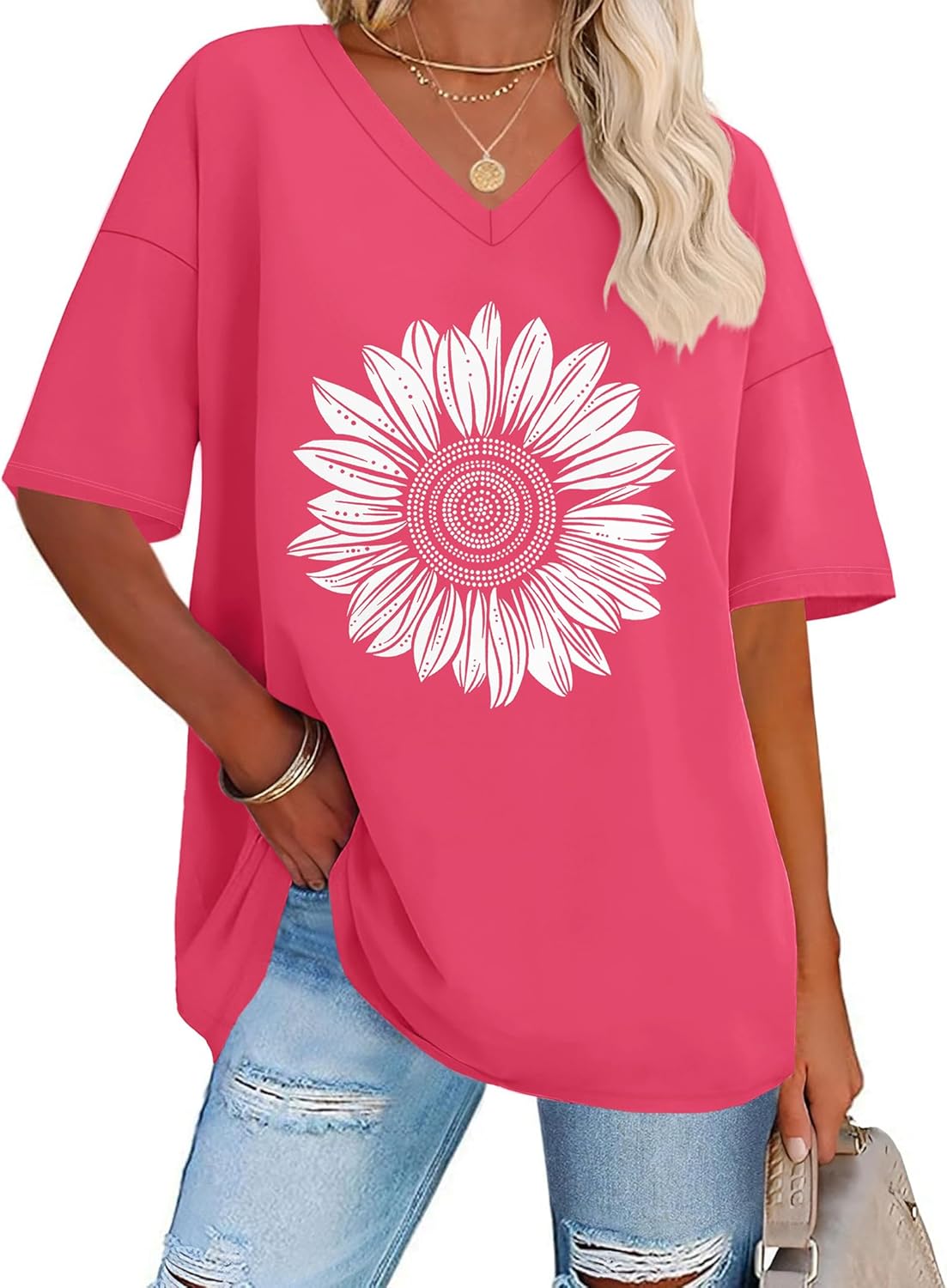 Oversized Tshirts for Women V Neck Summer Graphic Tees Casual Short Sleeve Loose Tops 2026