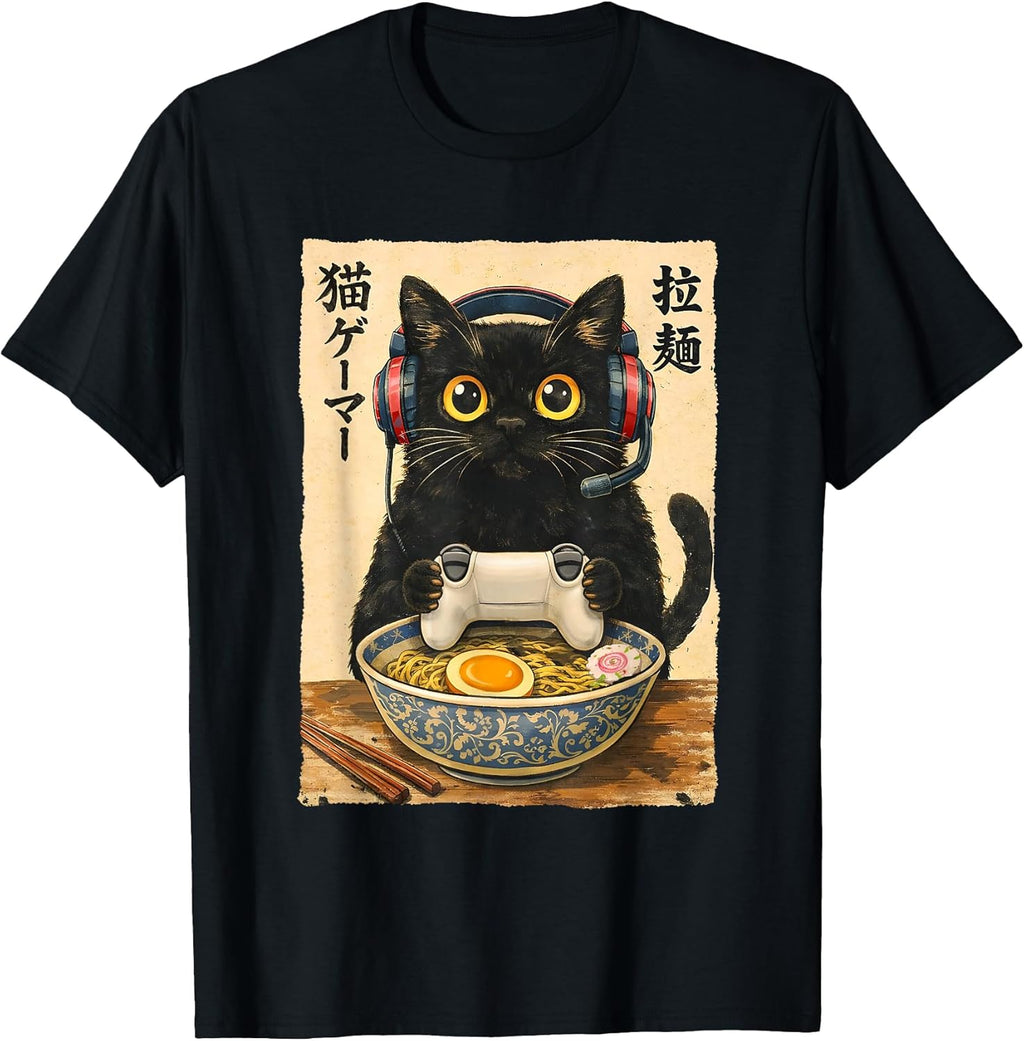 Funny Cat Gamer Ramen Graphic Japanese Kawaii Anime Gaming T-Shirt