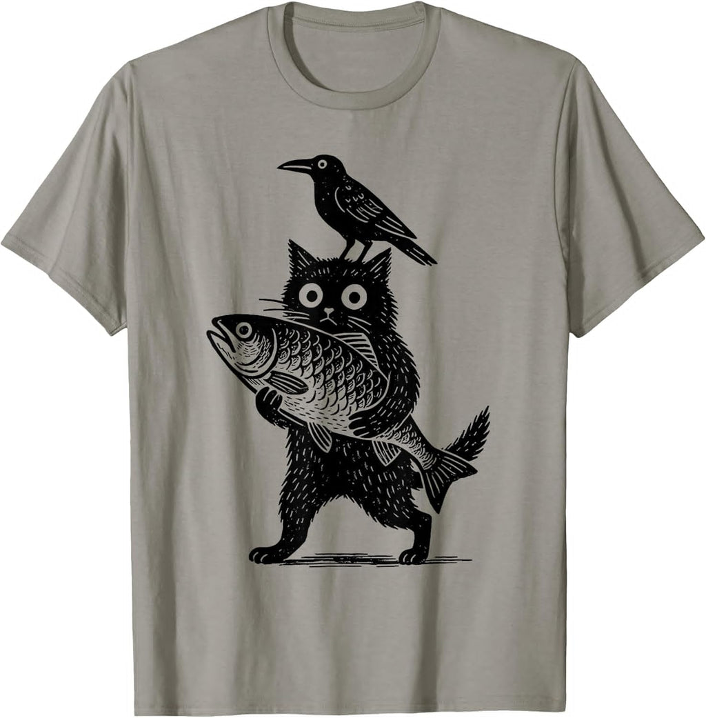 Black Animals Funny Cat with Crow Catches Fish Japanese Art T-Shirt