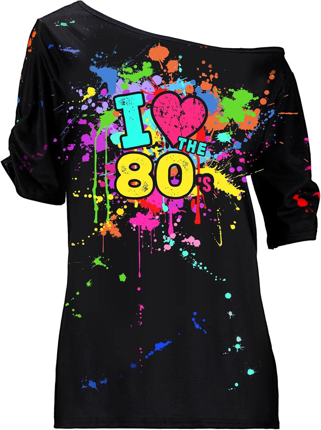 80s Outfit for Women Love 80's Off The Shoulder T Shirts Novelty Neon Women Top Clothes for 80s Party Oversized Costume Mid Sleeve Length T Shirts (XXL), Black