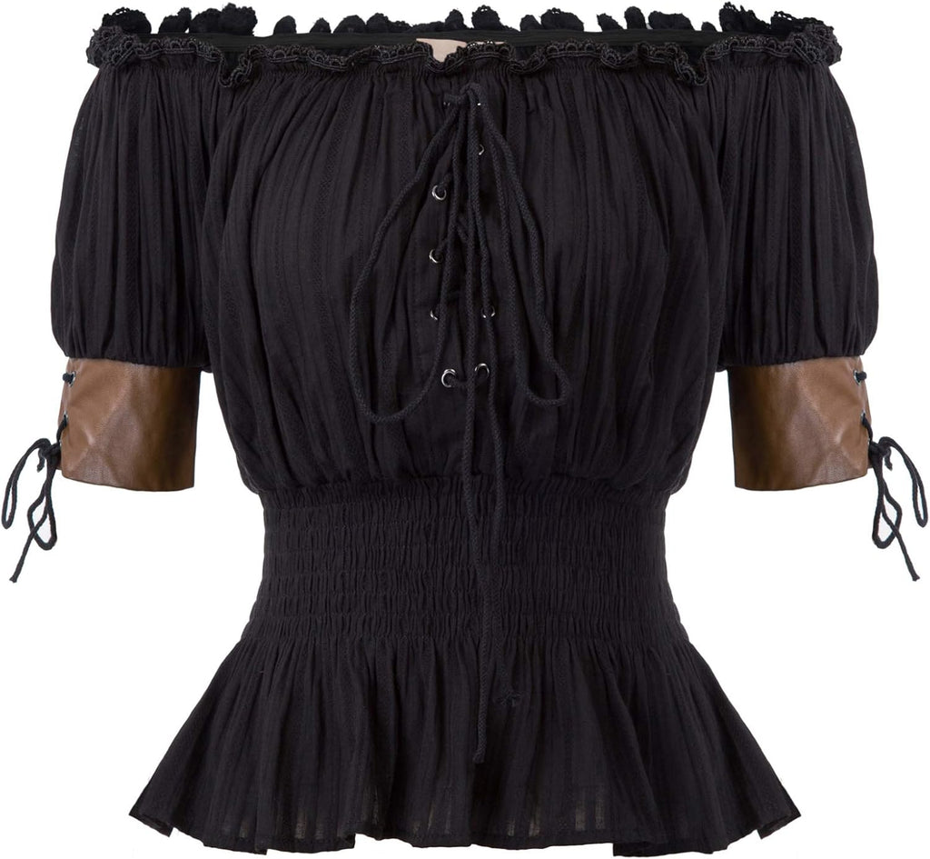 Women Renaissance Off Shoulder Blouse Smocked Waist Pirate Shirt Peplum Tops