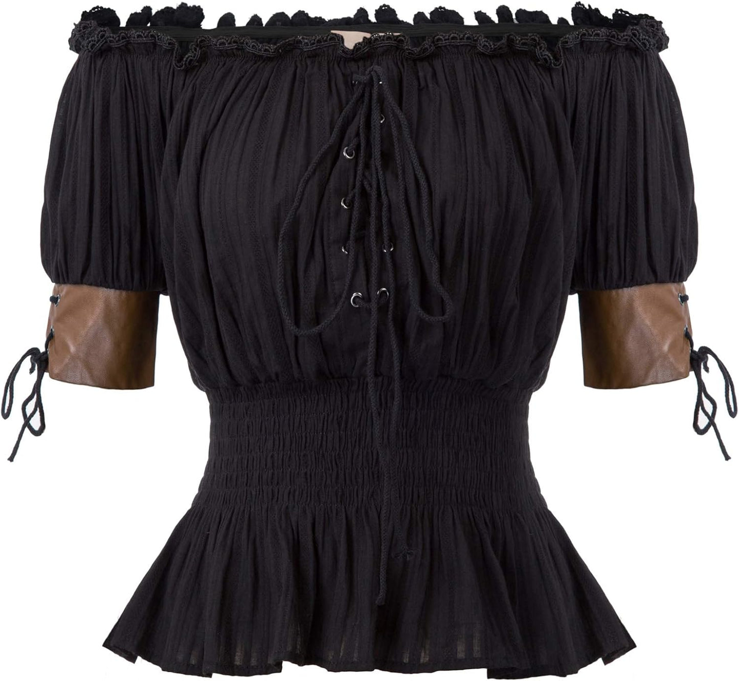 Women Renaissance Off Shoulder Blouse Smocked Waist Pirate Shirt Peplum Tops