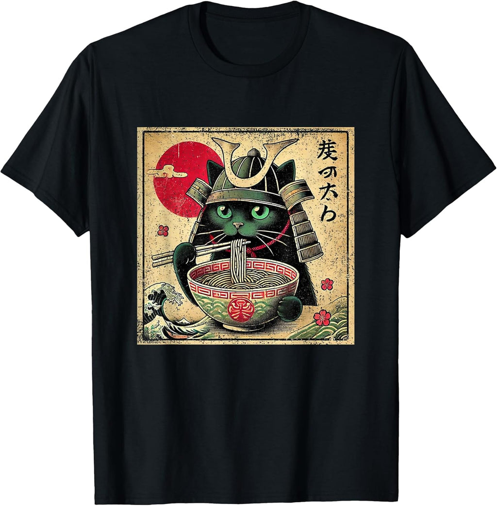 Cat Ramen Japanese Funny Samurai Kawaii Cat Anime Girls Boys T-Shirt