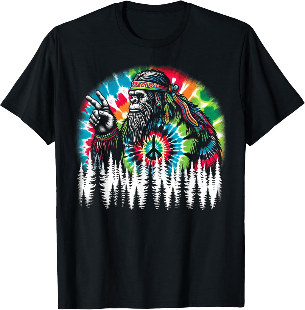 Hippie Bigfoot Peace Sign Tie Dye Forest Vibes T-Shirt