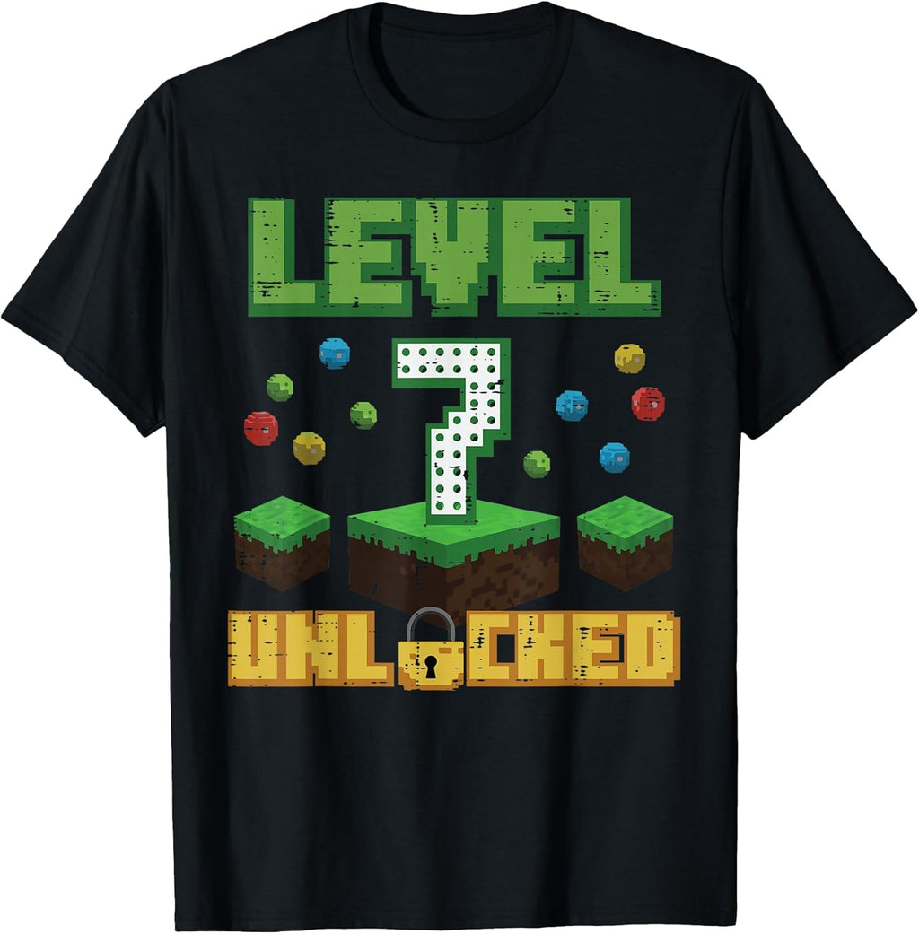 Level 7 Unlocked Pixel Gamer 7th Birthday Gaming Boys Kids T-Shirt