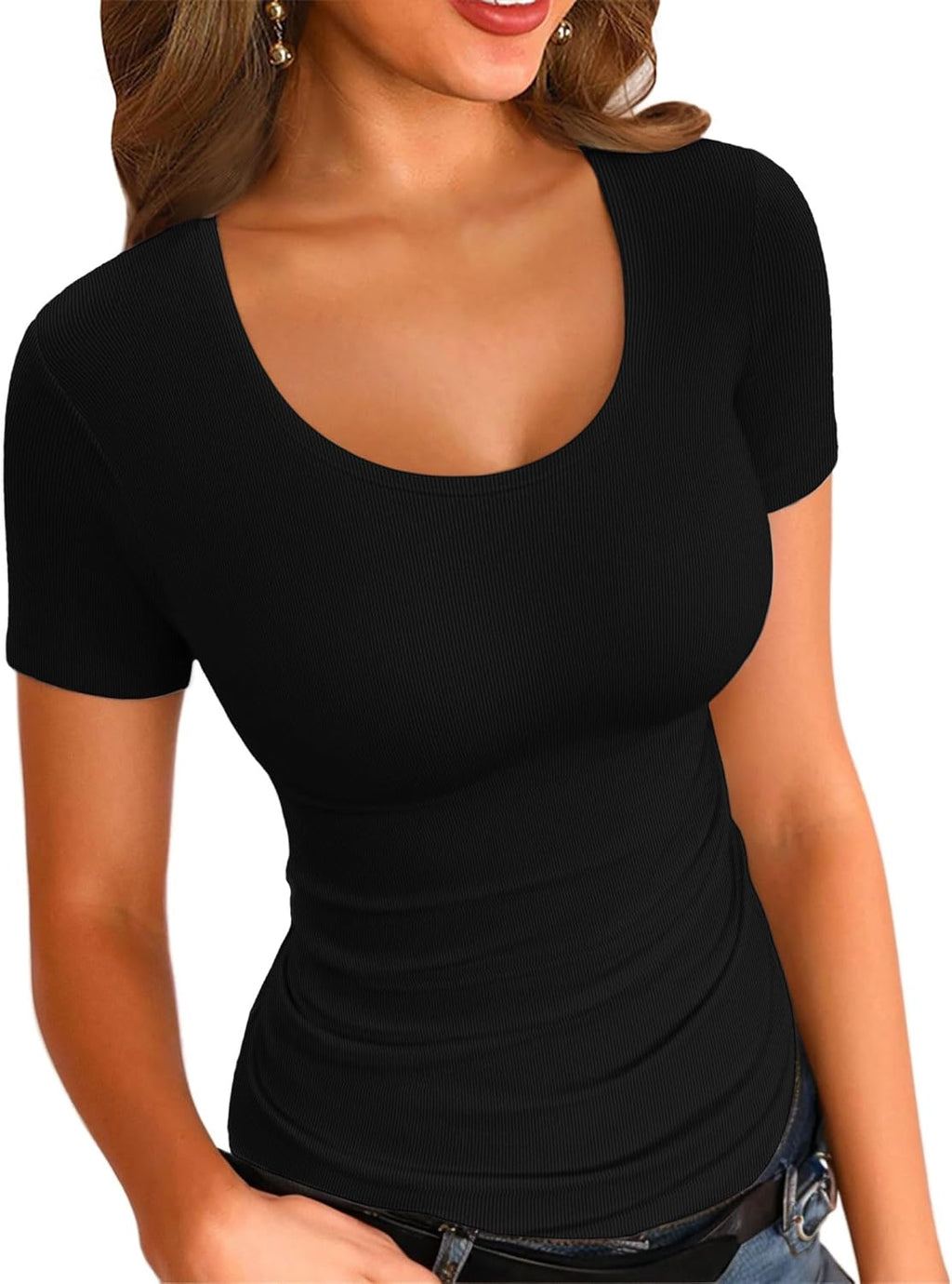 Summer Women's Scoop Neck Short Sleeve Shirts Ribbed Slim Fitted Casual Basic Top Blouses