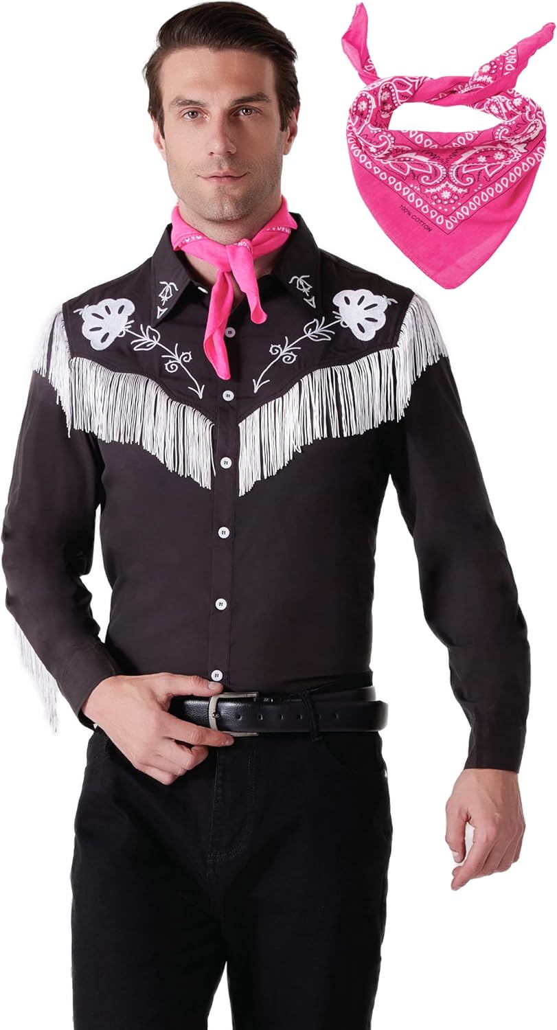 Western Fringe Shirt Cowboy Costume for Men, 80s 90s Retro Long Sleeve Shirt with Pink Scarf