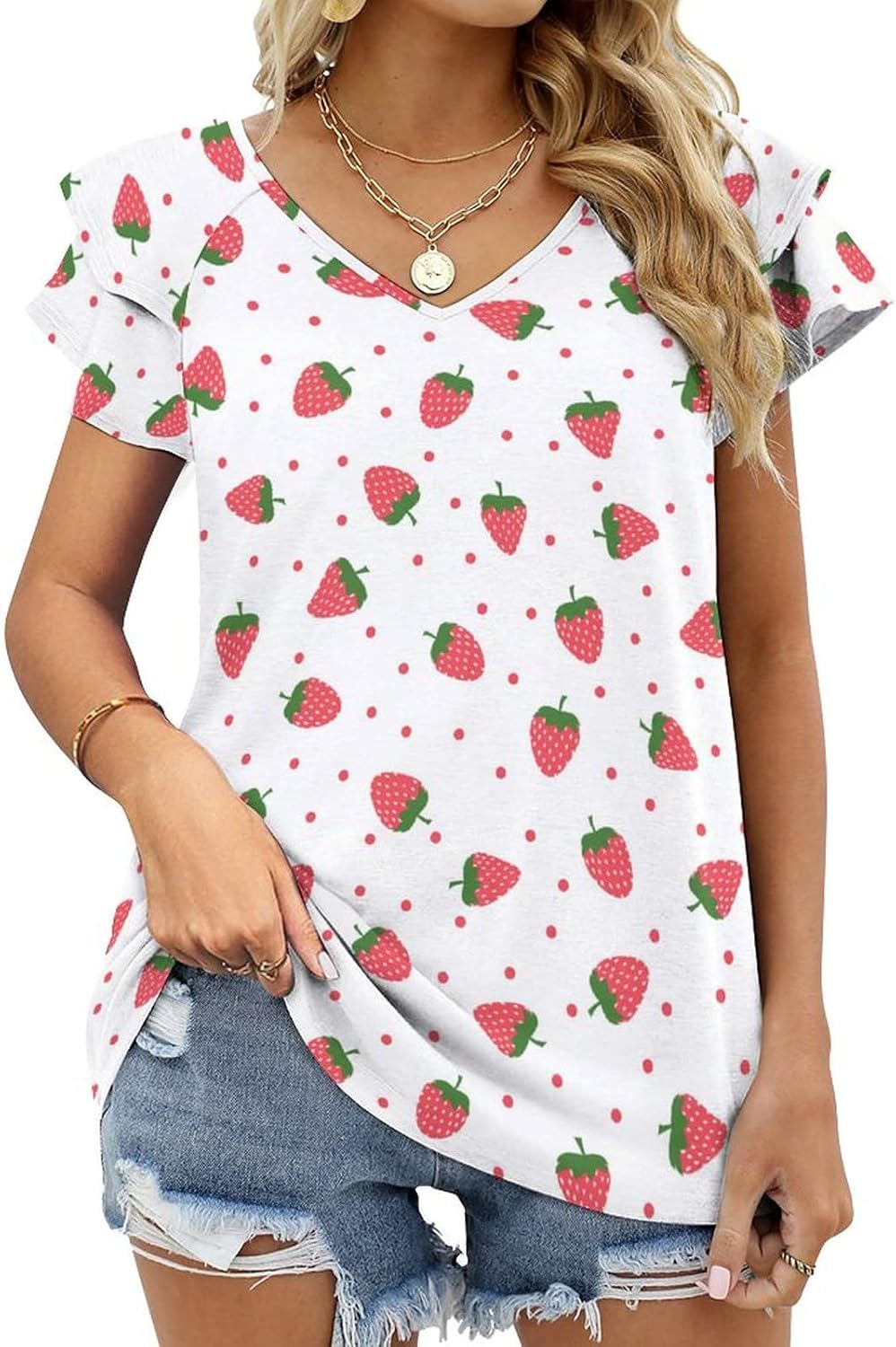 Kawaii Strawberry Print Short Sleeve Shirts for Women Fashion V Neck T-Shirt Women's Summer Tops