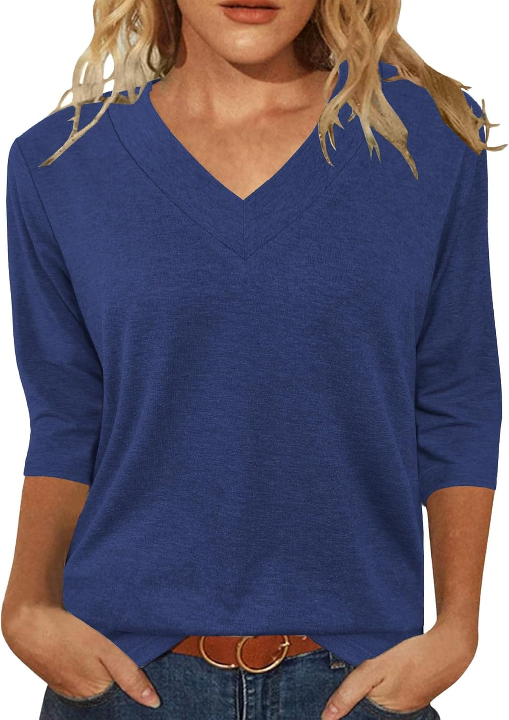 Womens Tops 3/4 Length Sleeve Summer V Neck Shirts Casual Tunic Tops 2025