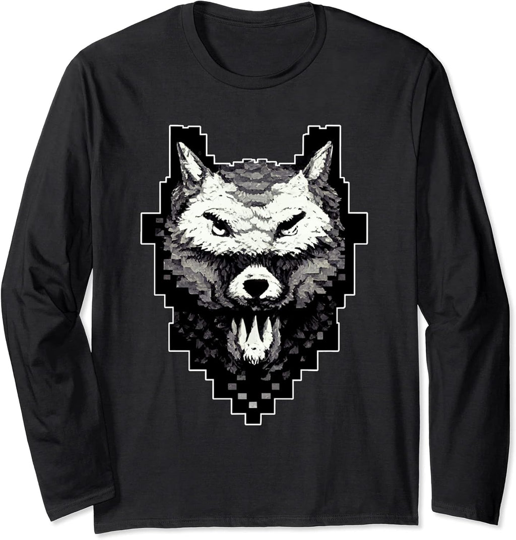 Wolf Head Pixel Art 8 Bit Retro Video Game Long Sleeve T-Shirt