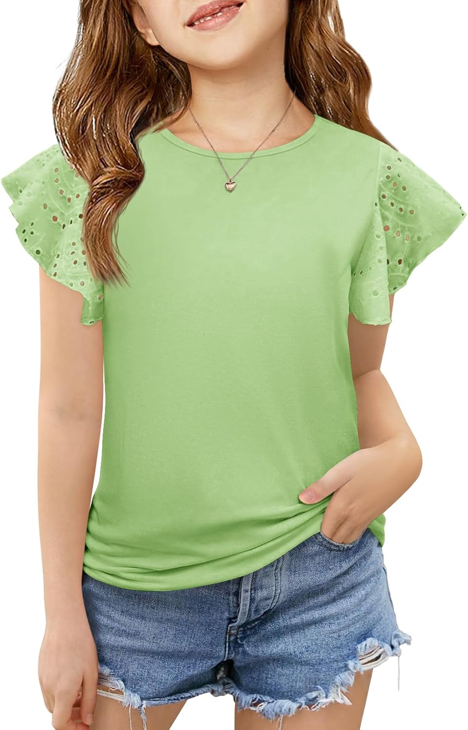 Girls Ruffle Sleeve Shirts Summer Crewneck Eyelet Tee Tops Casual Cute Blouse 4-15 Years