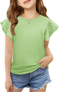 Girls Ruffle Sleeve Shirts Summer Crewneck Eyelet Tee Tops Casual Cute Blouse 4-15 Years