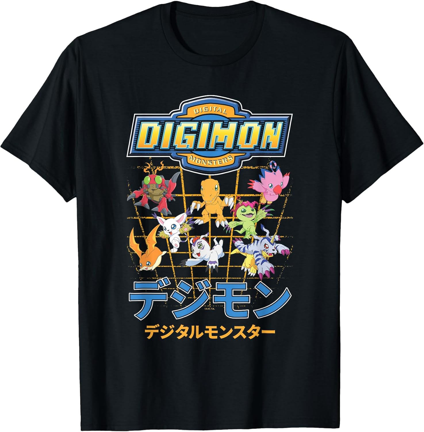 Character Grid with Kanji and Logo Digital Monsters T-Shirt